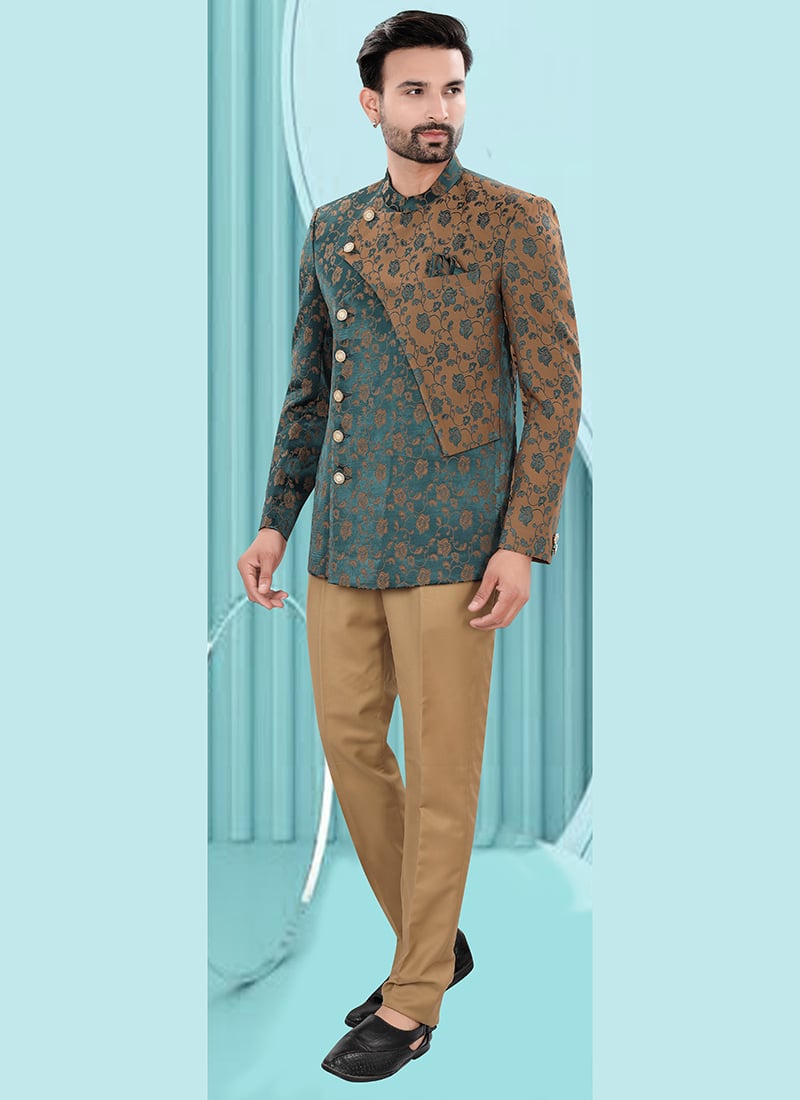 Stylish Teal Jacquard Bandhgala Suit Wedding Wear