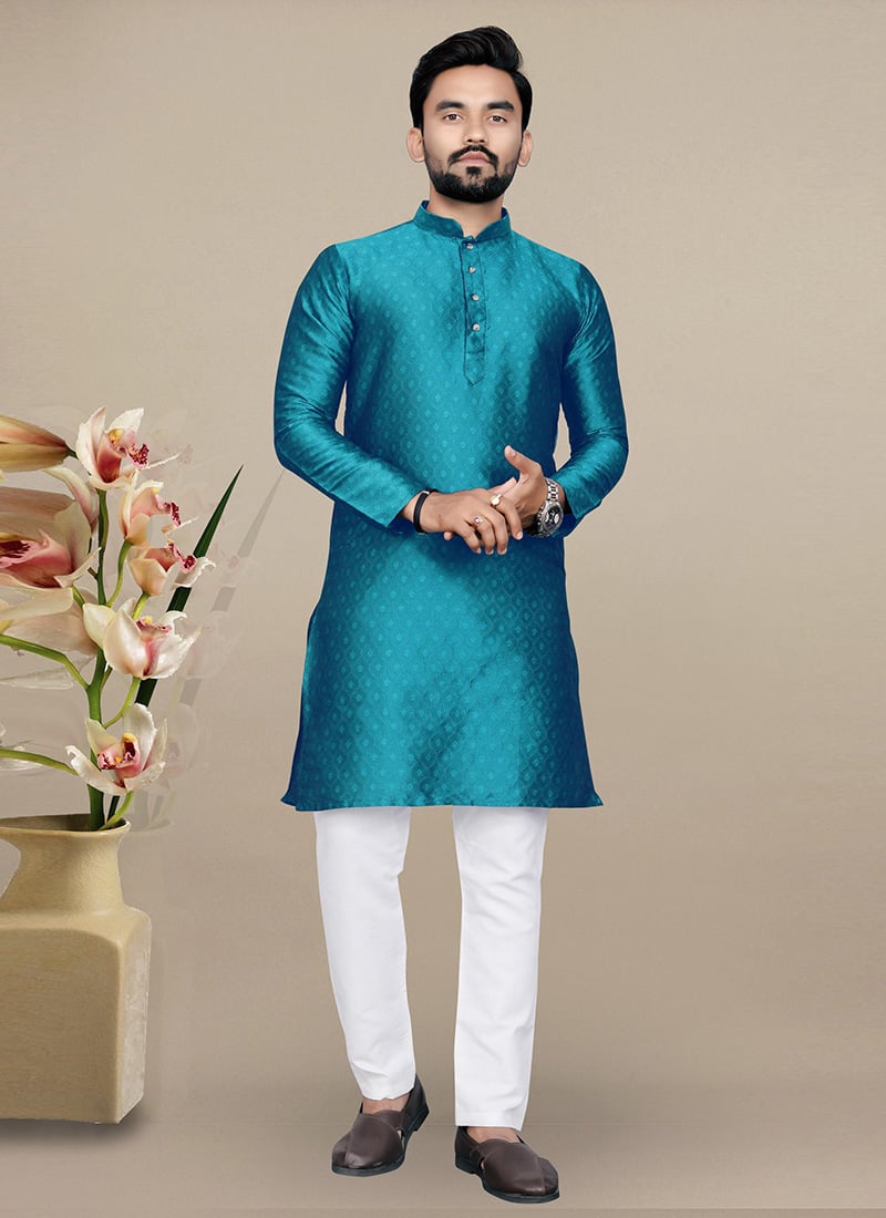 Stylish Teal Jacquard Silk Kurta Pyjama Festive Wear