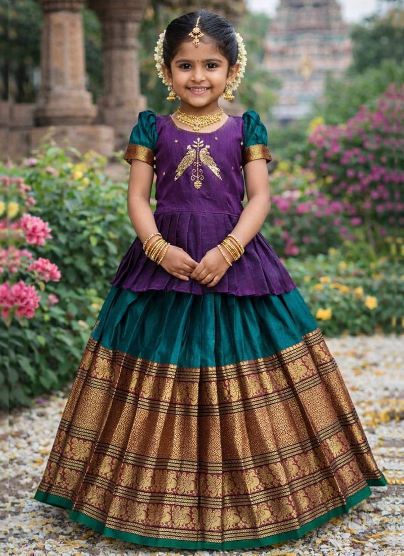 Stylish Teal Jacquard Work Kids Girls Indowestern Set Festive Wear