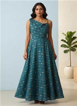 Stylish Teal Printed Rayon Indo Western Maxi Dress