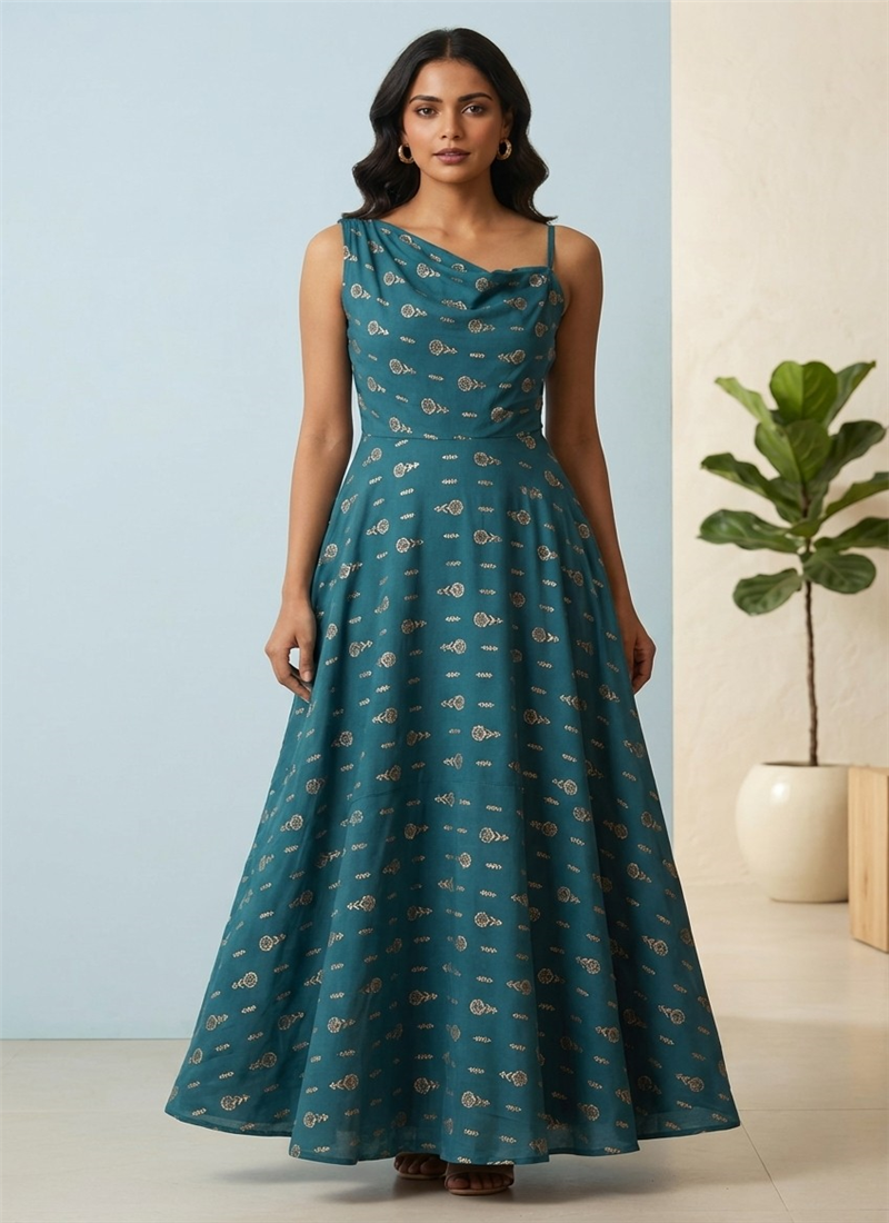 Stylish Teal Printed Rayon Indo Western Maxi Dress Party Wear