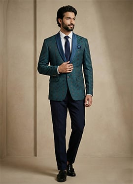 Stylish Teal Satin Jacquard Blazer