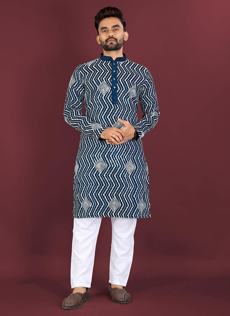 Stylish Teal Soft Silk Embroidered Sequins Thread Kurta Pyjama Festive Wear