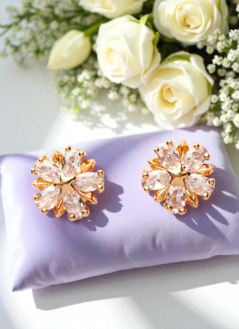 Stylish White American Diamond Gold Plated CZ Stone Studded Studs After Six Wear