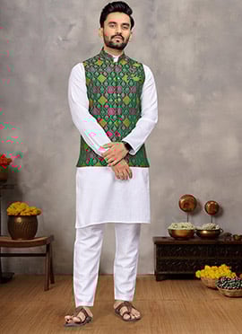 Stylish White Cotton Jacquard Bandi Set