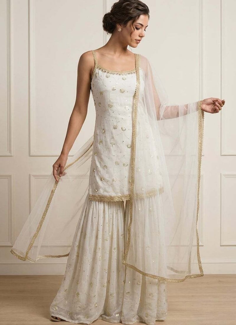Stylish White Faux Georgette Embroidered Sharara Suit Festive Wear