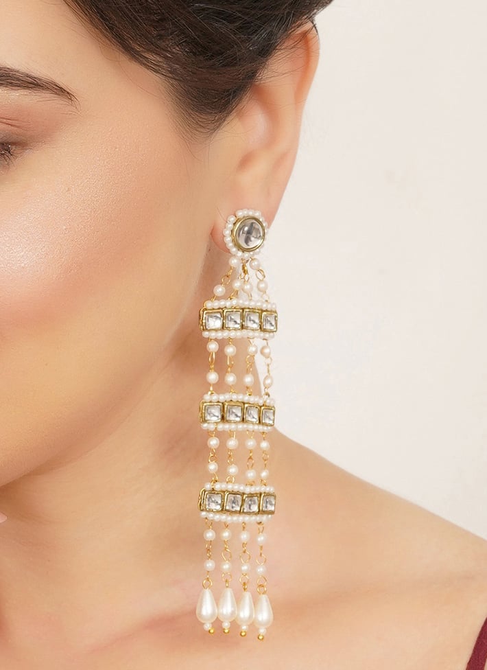 Stylish White Kundan Beads Danglers Festive Wear
