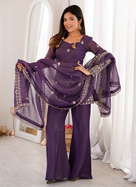 Stylish Wine Silk Zari Embroidered Sequins Bell Bottom Palazzo Pant Suit