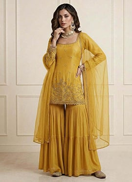 Stylish Yellow Art Silk Embroidered Sharara Suit