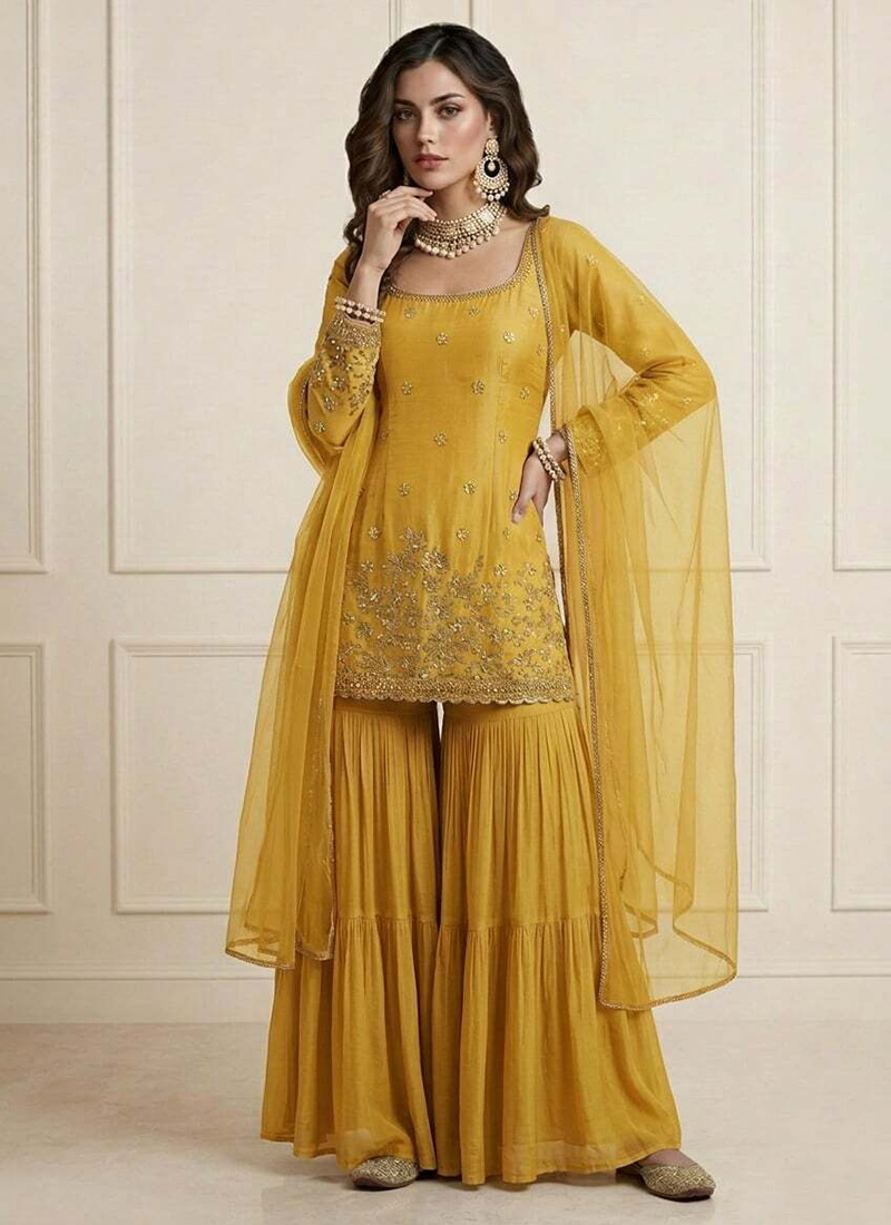 Stylish Yellow Art Silk Embroidered Sharara Suit Festive Wear