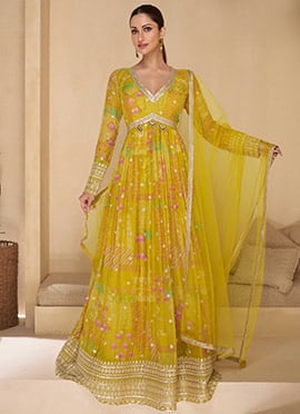 Stylish Yellow Georgette Embroidered Sequins Anarkali Gown With Dupatta