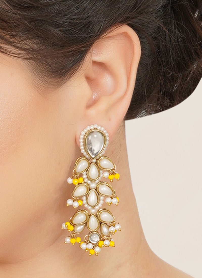 Stylish Yellow Kundan Beads Danglers Festive Wear