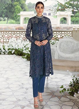 Stylishly Embroidered Beads Work Organza Straight Pant Suit