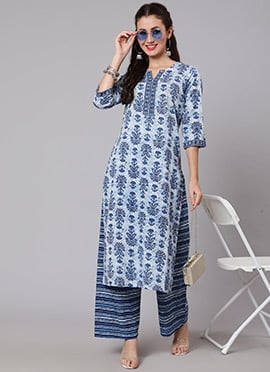 Stylishly Printed White Cotton Kurta Palazzo Set