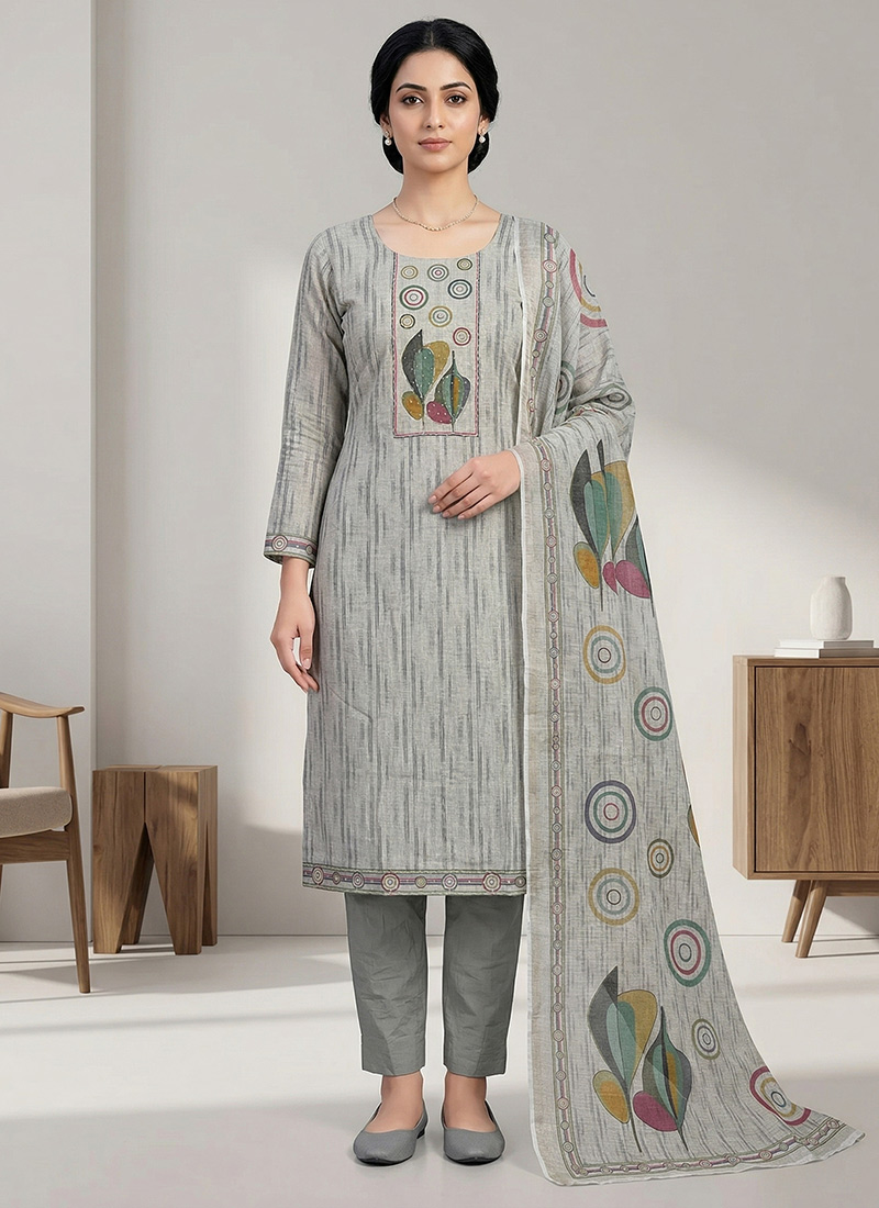 Subtle Beige Linen Shimmer Digital Print Straight Pant Suit After Six Wear