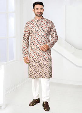 Subtle Cream Rayon Printed Kurta Pyjama