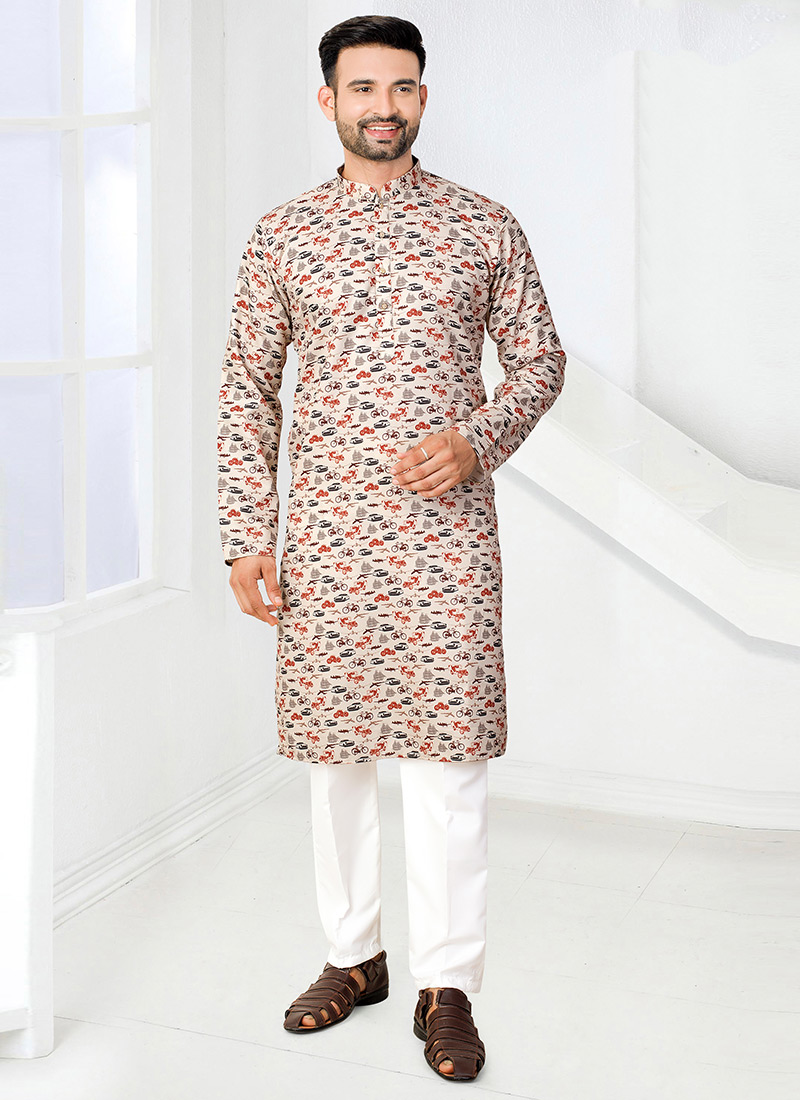 Subtle Cream Rayon Printed Kurta Pyjama Festive Wear