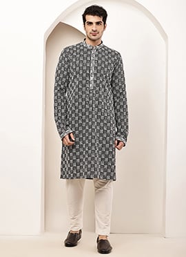 Subtle Grey Cotton Embroidered Sequins Kurta Pyjama