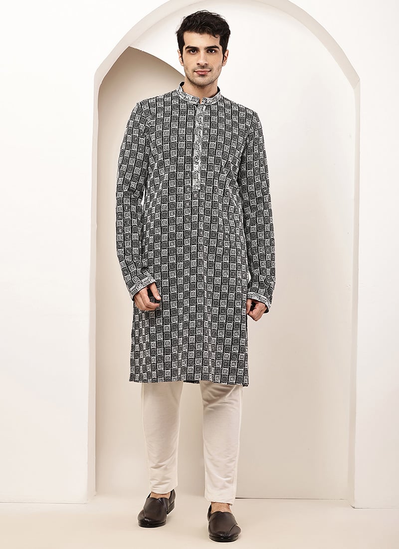 Subtle Grey Cotton Embroidered Sequins Kurta Pyjama Festive Wear