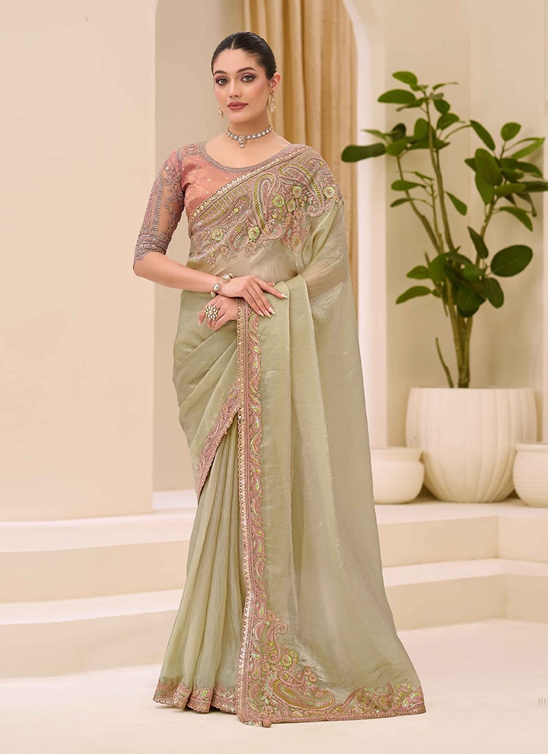 Subtle Nude Green Tissue Embroidered Sequins Beads Thread Saree Wedding Wear