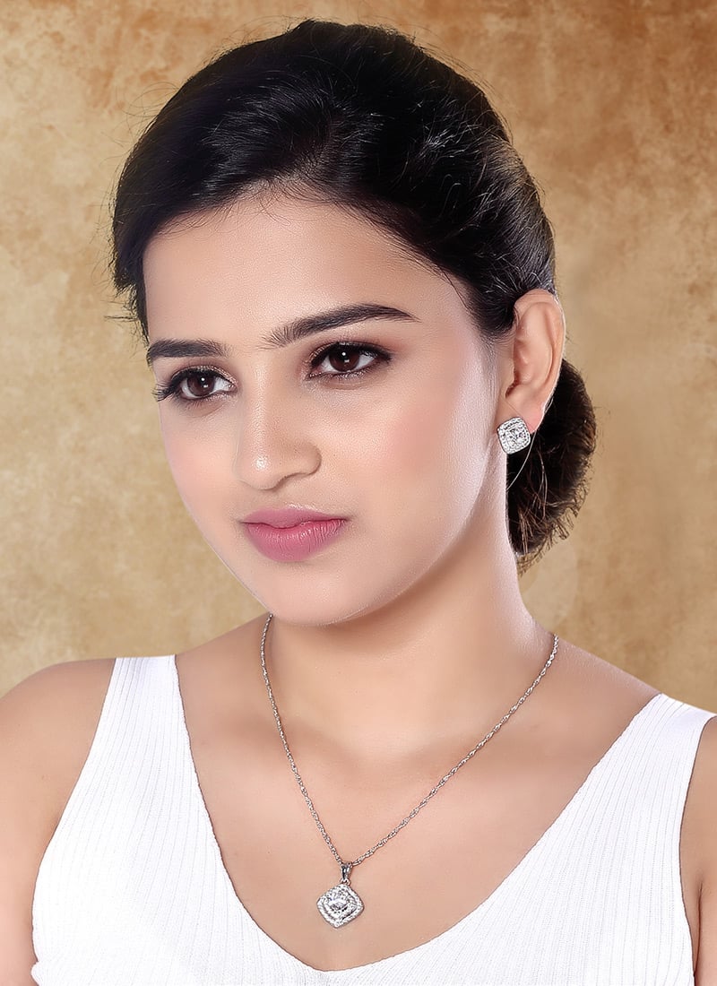 Subtle Silver American Diamond Stone Pendant Set Festive Wear