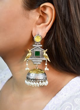 Sunny Yellow Kundan Beads Oxidised Jhumka