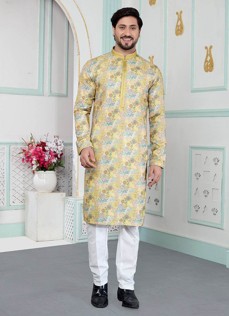 Sunny Yellow Silk Printed Kurta Pyjama Festive Wear
