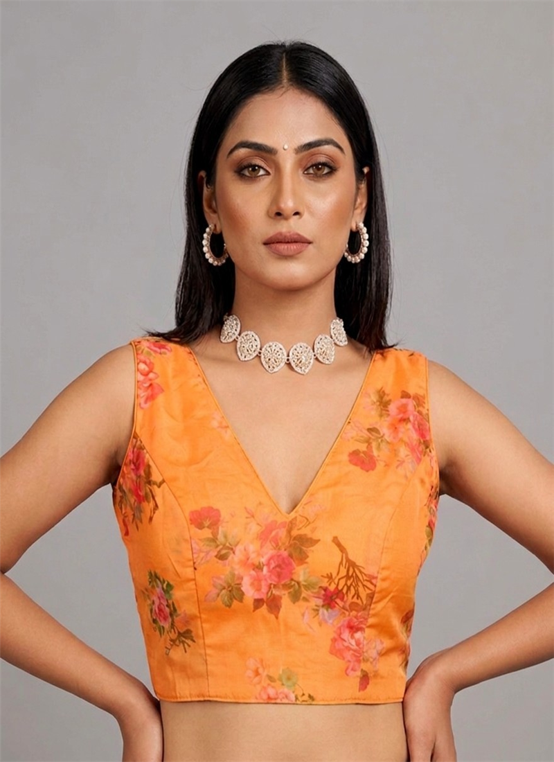 Sunset Bloom Peach Organza Stretchable Blouse After Six Wear