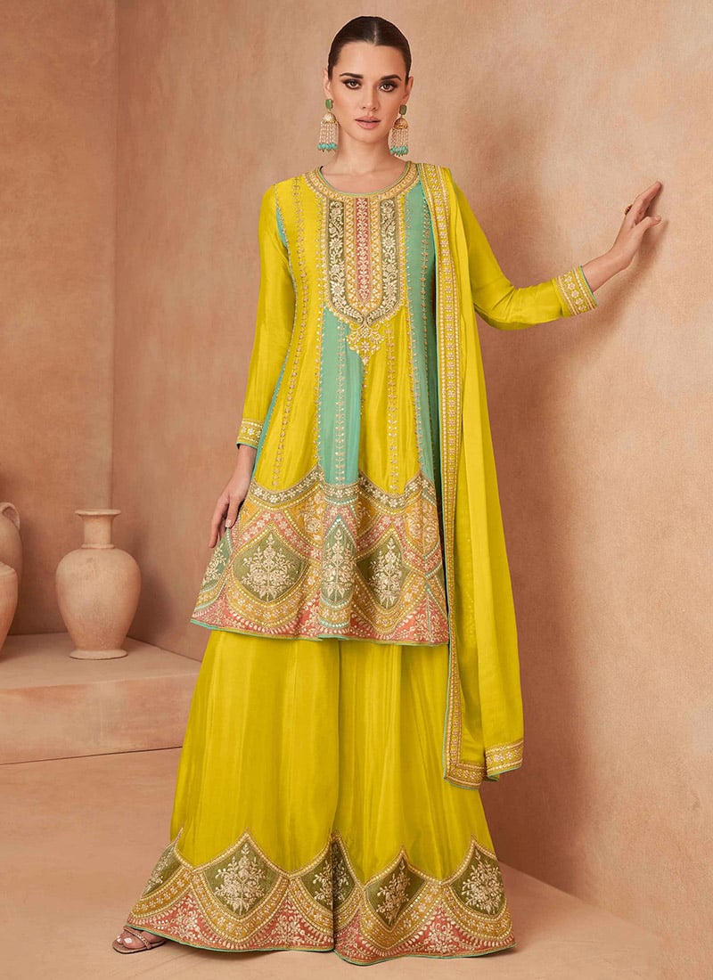 Sunshine Yellow Chinon Embroidered Sequins A Line Palazzo Suit Festive Wear