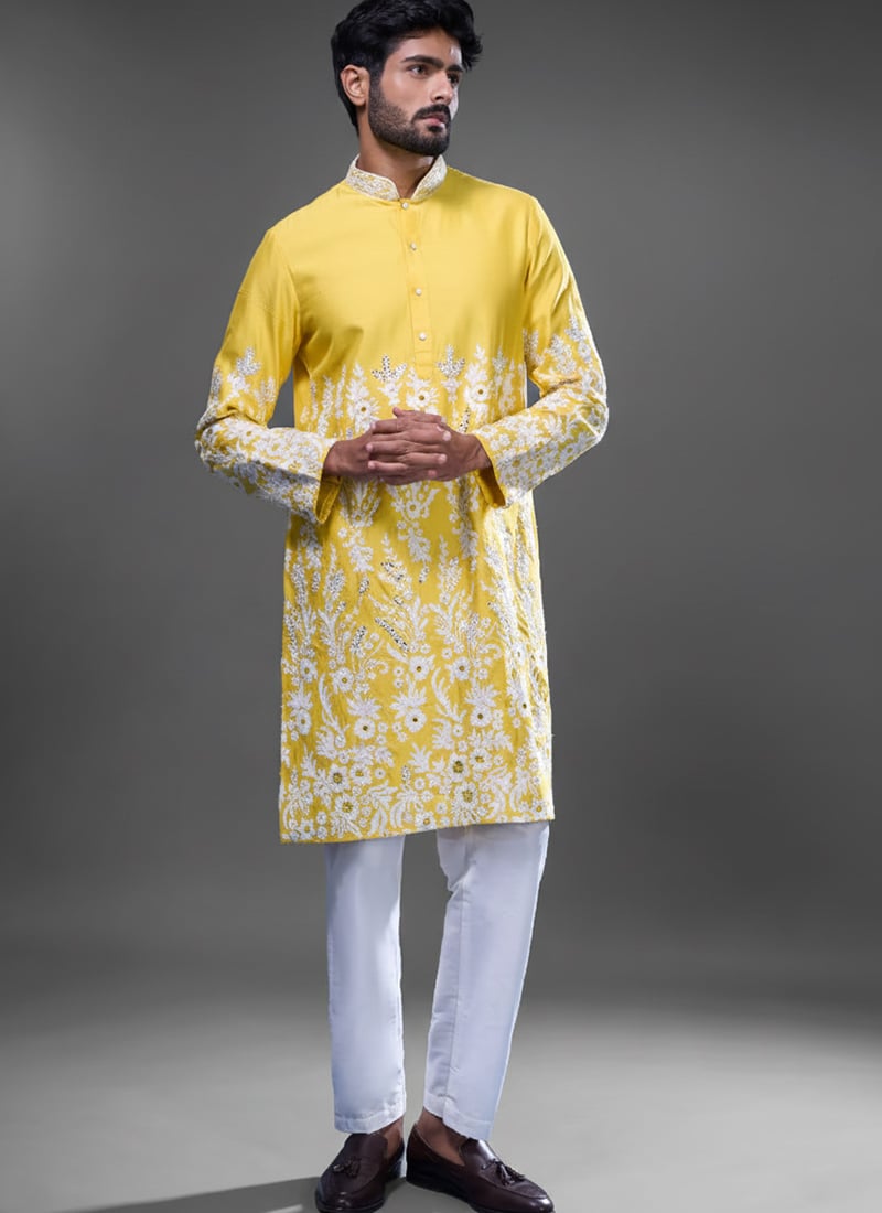 Sunshine Yellow Silk Embroidered With Mirror Work Kurta Pyjama Festive Wear