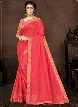 Taffy Pink Vichitra Silk Stone Work Saree