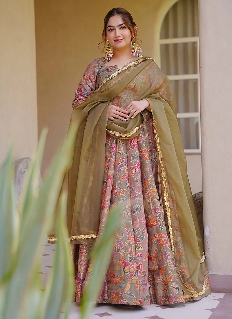 Taupe Beige Silk Floral Digital Print Anarkali Suit Festive Wear