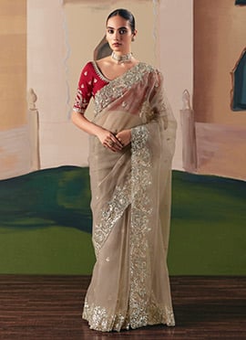 Taupe Beige Tissue Silk Zari Embroidered Sequins Saree
