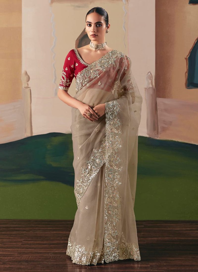 Taupe Beige Tissue Silk Zari Embroidered Sequins Saree Festive Wear