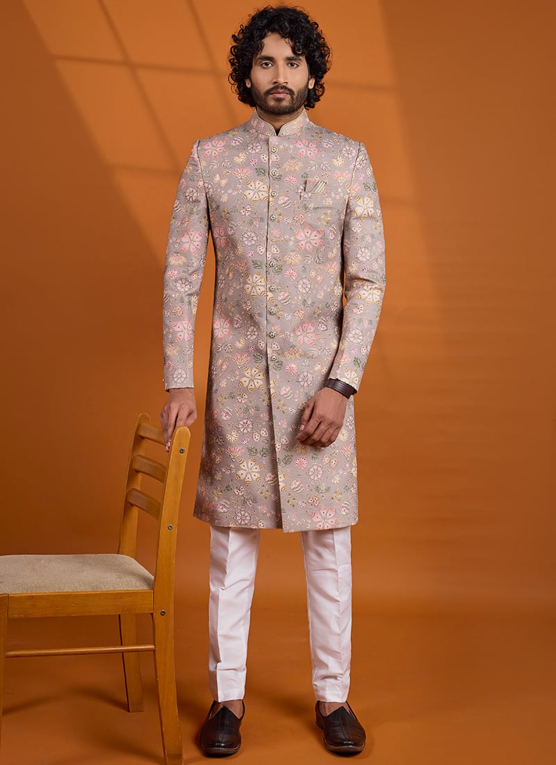 Taupe Brown Printed Embroidered Silk Indo Western Sherwani Festive Wear
