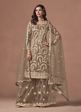 Taupe Brown Rose Pink Net embroidered Sequins Palazzo Suit