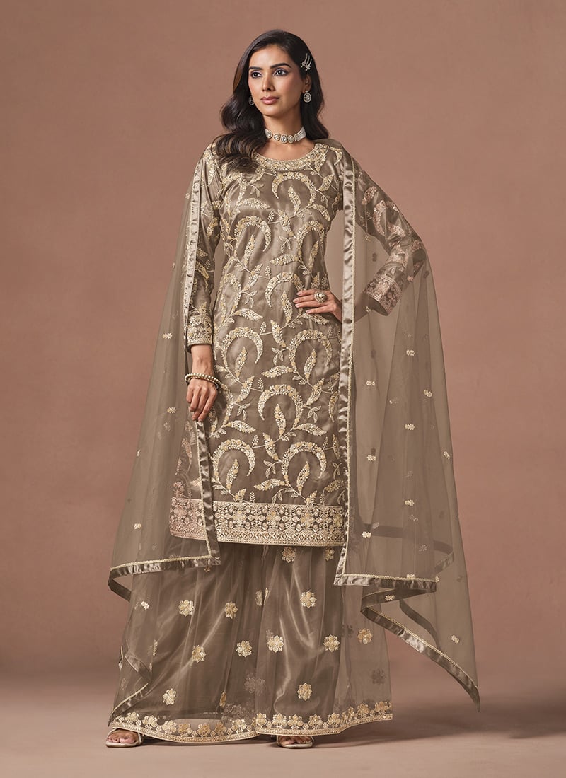 Taupe Brown Rose Pink Net embroidered Sequins Palazzo Suit Festive Wear