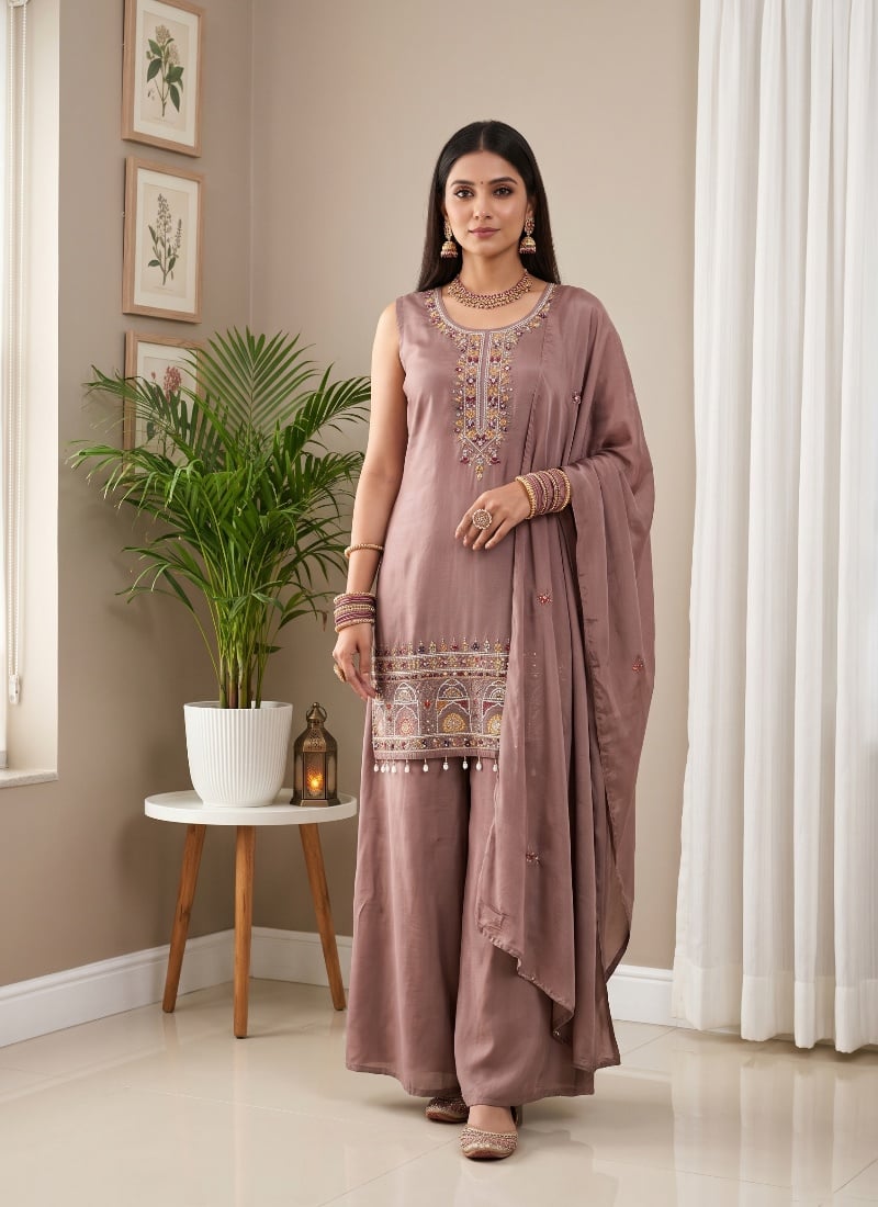 Taupe Brown Sequins Embroidered Chinon Palazzo Suit After Six Wear