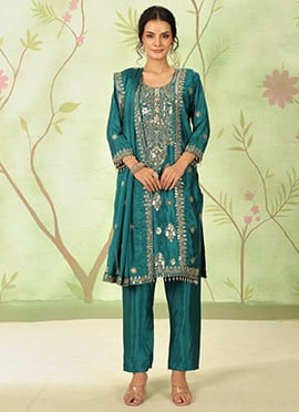 Teal Chinon Silk Zari Embroidered Sequins Straight Pant Suit Festive Wear