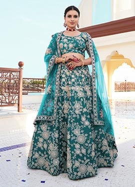 Teal Art Silk Embroidered Sequins Lehenga