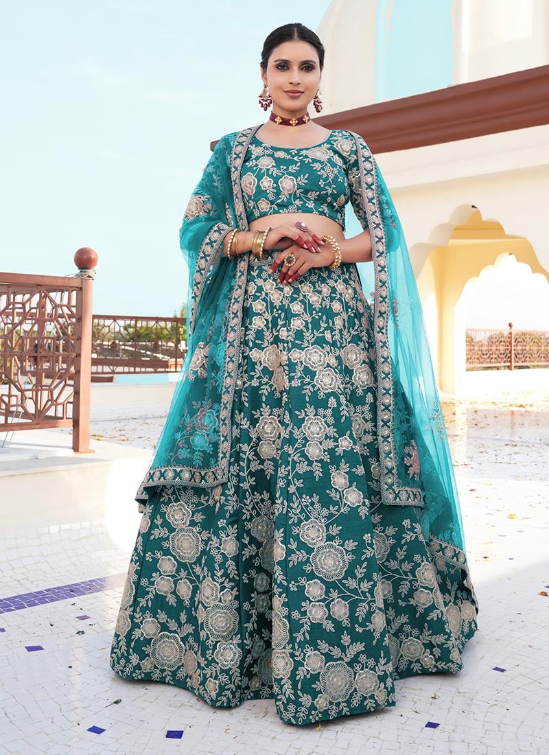Teal Art Silk Embroidered Sequins Lehenga Wedding Wear