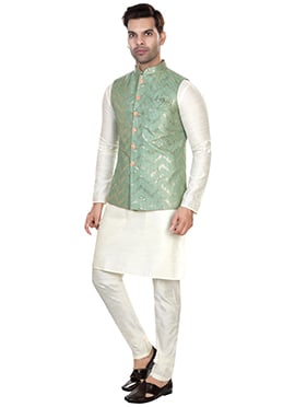 Teal Art Silk Jacquard Bandhgala Jacket