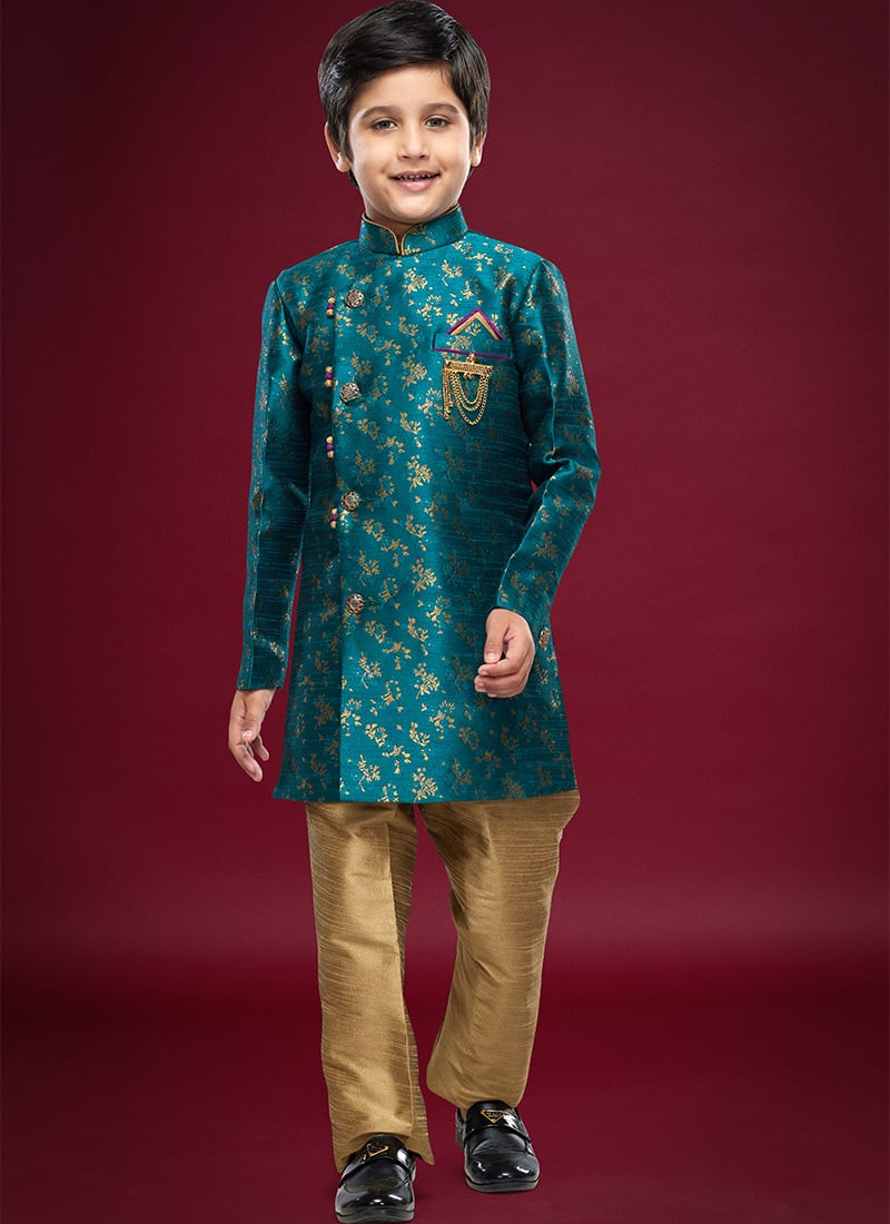 Teal Banarasi Jacquard Kids Boys Indowestern Sherwani