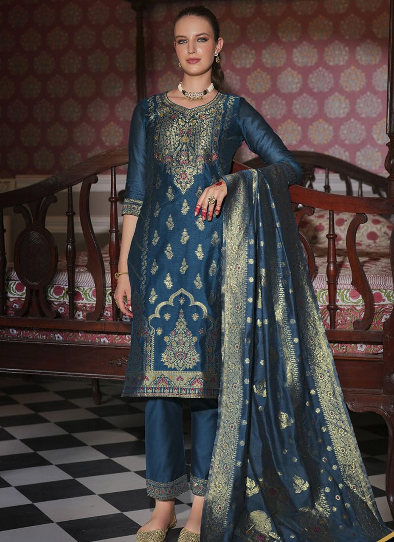 Teal Banarasi Jacquard Silk Straight Pant Suit Festive Wear