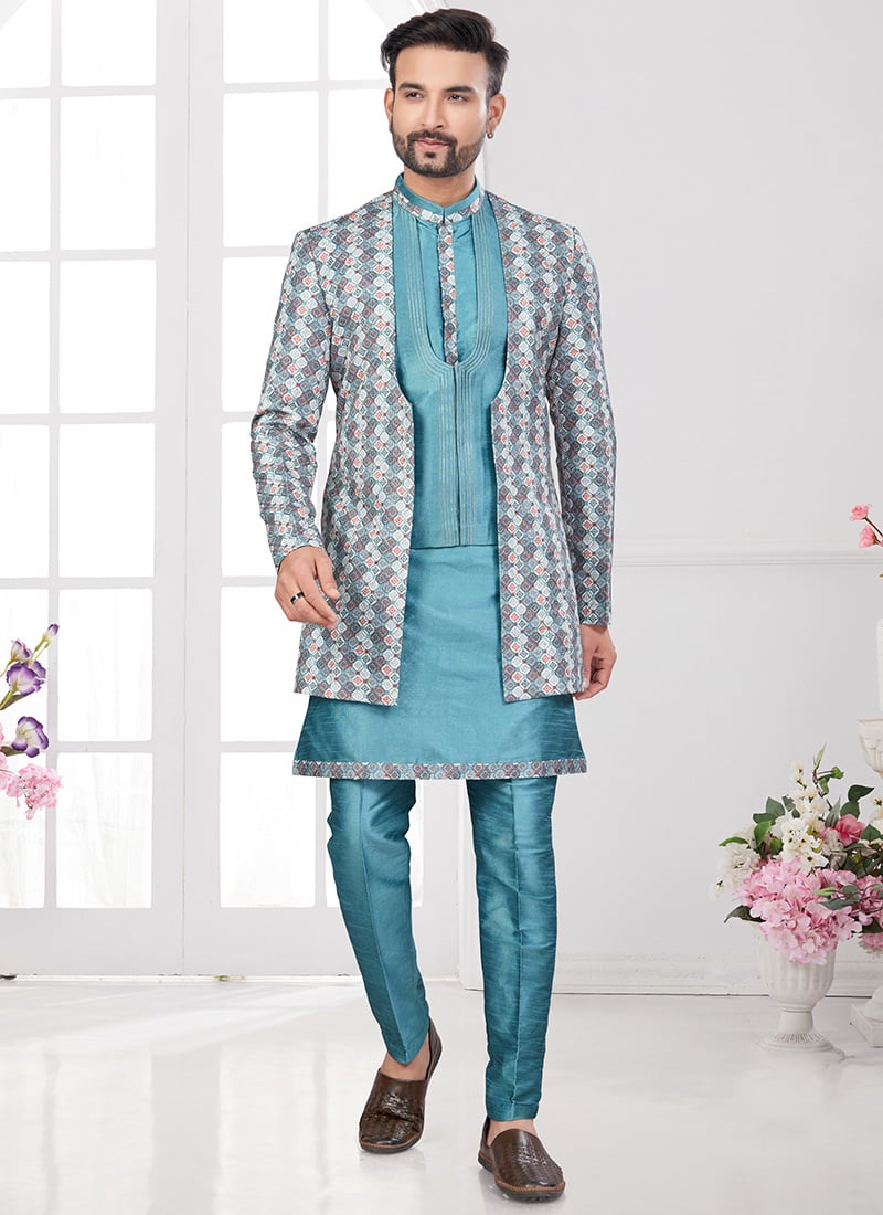 Teal Banarasi Silk Digital Print Indowestern Sherwani Wedding Wear