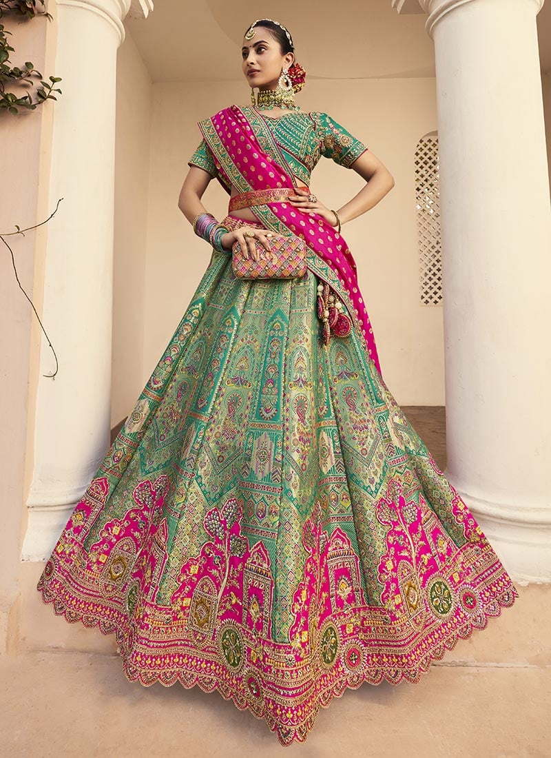 Teal Banarasi Silk Embroidered And Cut Work Umbrella Lehenga