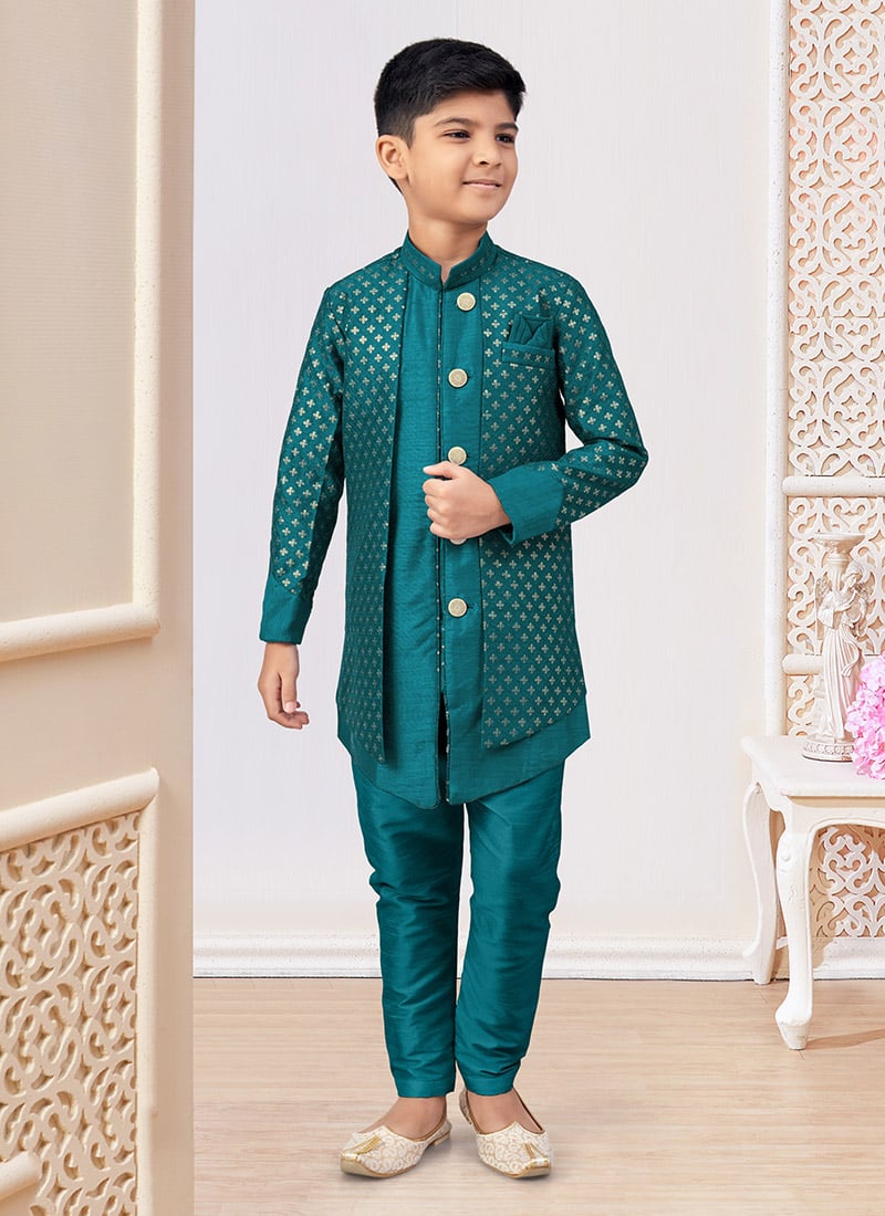 Teal Banarasi Silk Embroidered Sequins Boys Indowestern Sherwani  Wedding Wear