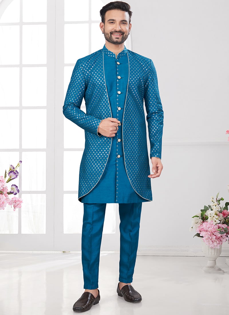 Teal Banarasi Silk Embroidered Sequins Indowestern Sherwani Wedding Wear