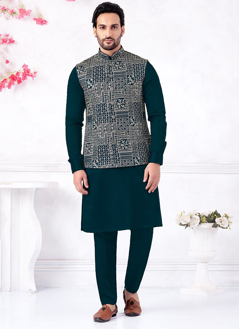 Teal Banarasi Silk Embroidered Sequins Thread Bandi Set Festive Wear