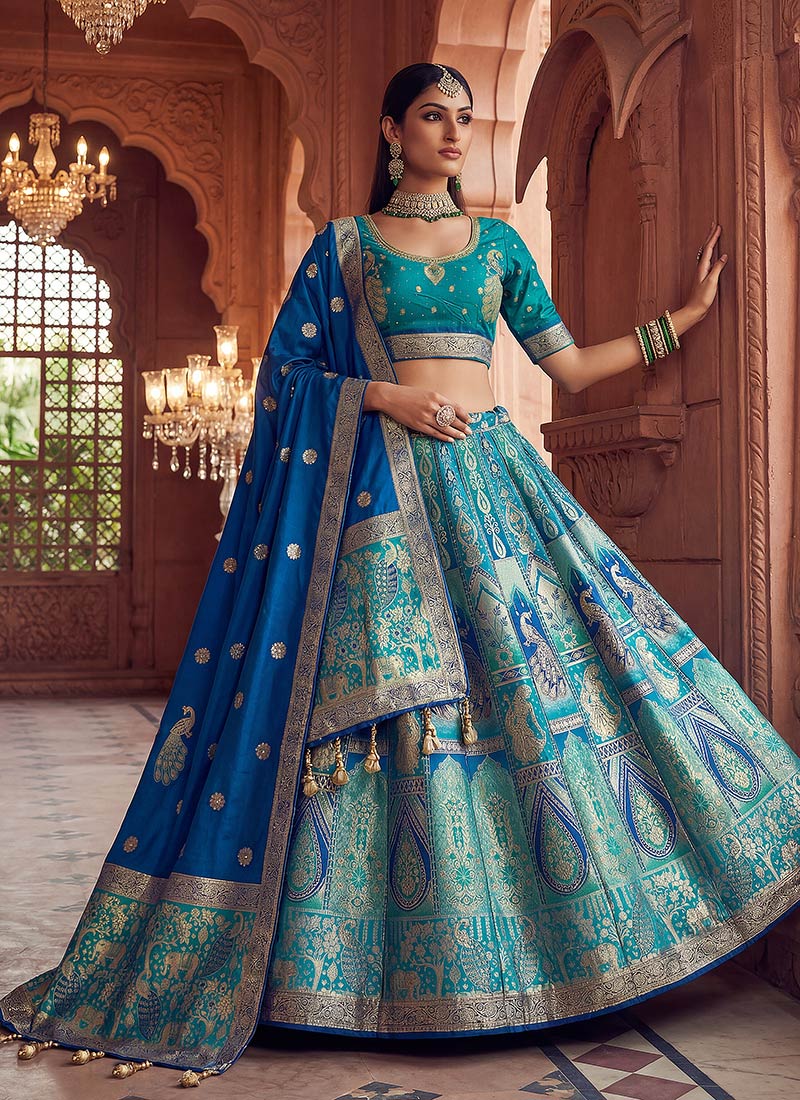 Teal Banarasi Silk Zari Jacquard Lehenga Wedding Wear